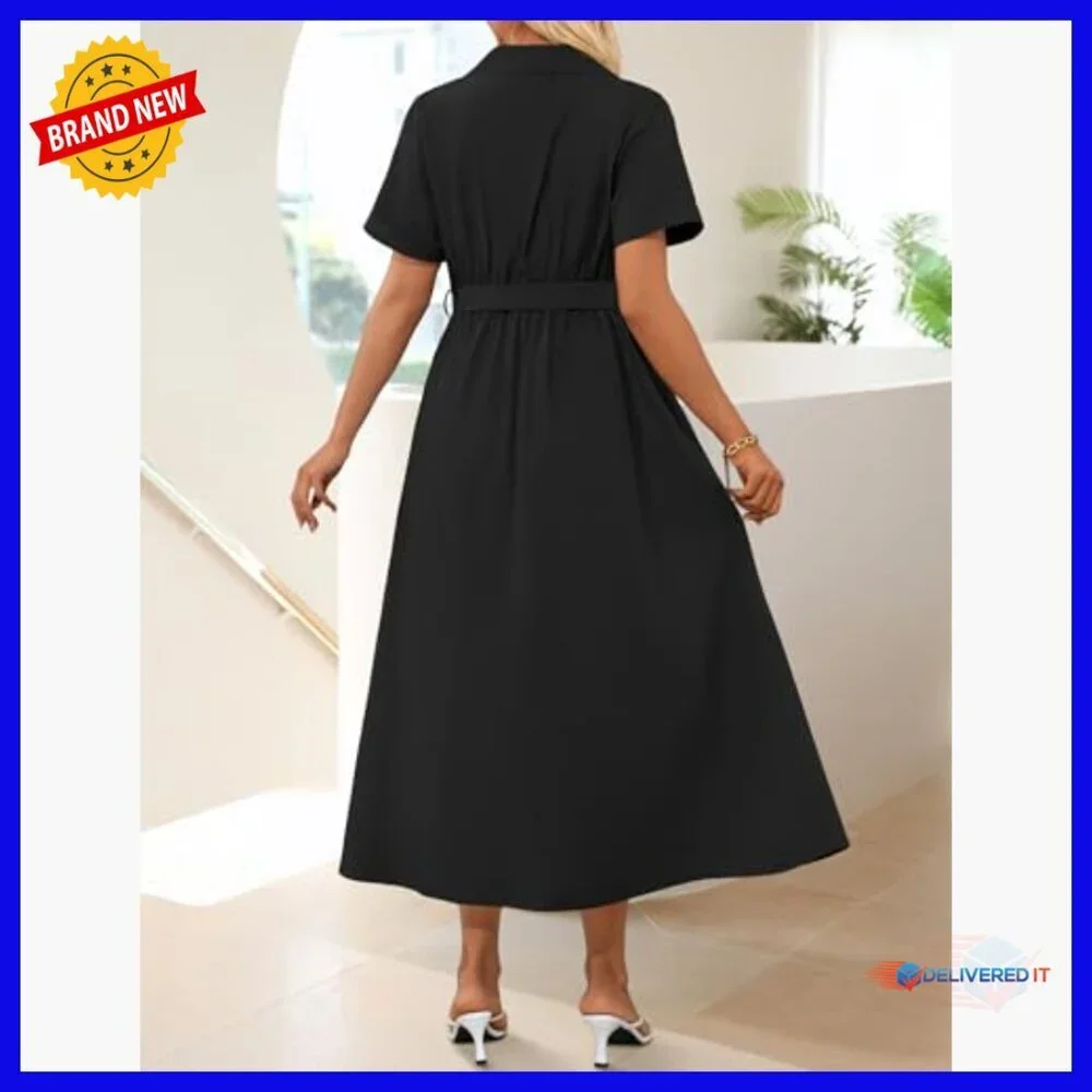 Summer Short Sleeve Midi Dress Button Down A Line Belt Work Casual
